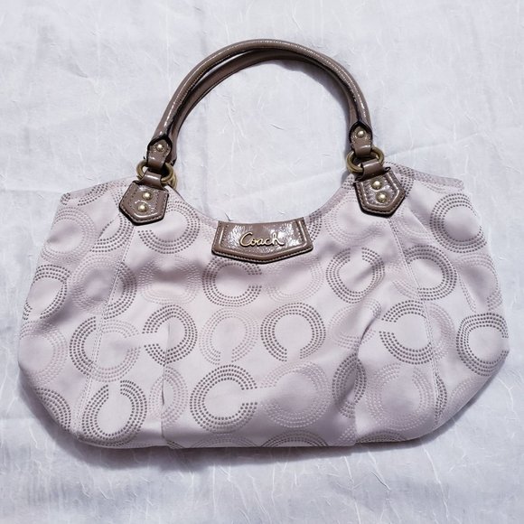 Coach Handbags - Coach White Beige Brown Jacquard Logo Shoulder Handbag Patent Leather
